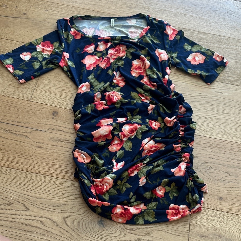 Mother Bee Maternity Floral Ruched Dress L navy blue